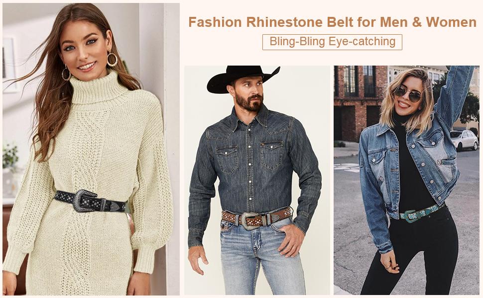 JASGOOD Women and Men Ladies Weatern Cowgirl Cowboy Bling Belt Rhinestone Belt for Jeans Pants Dress