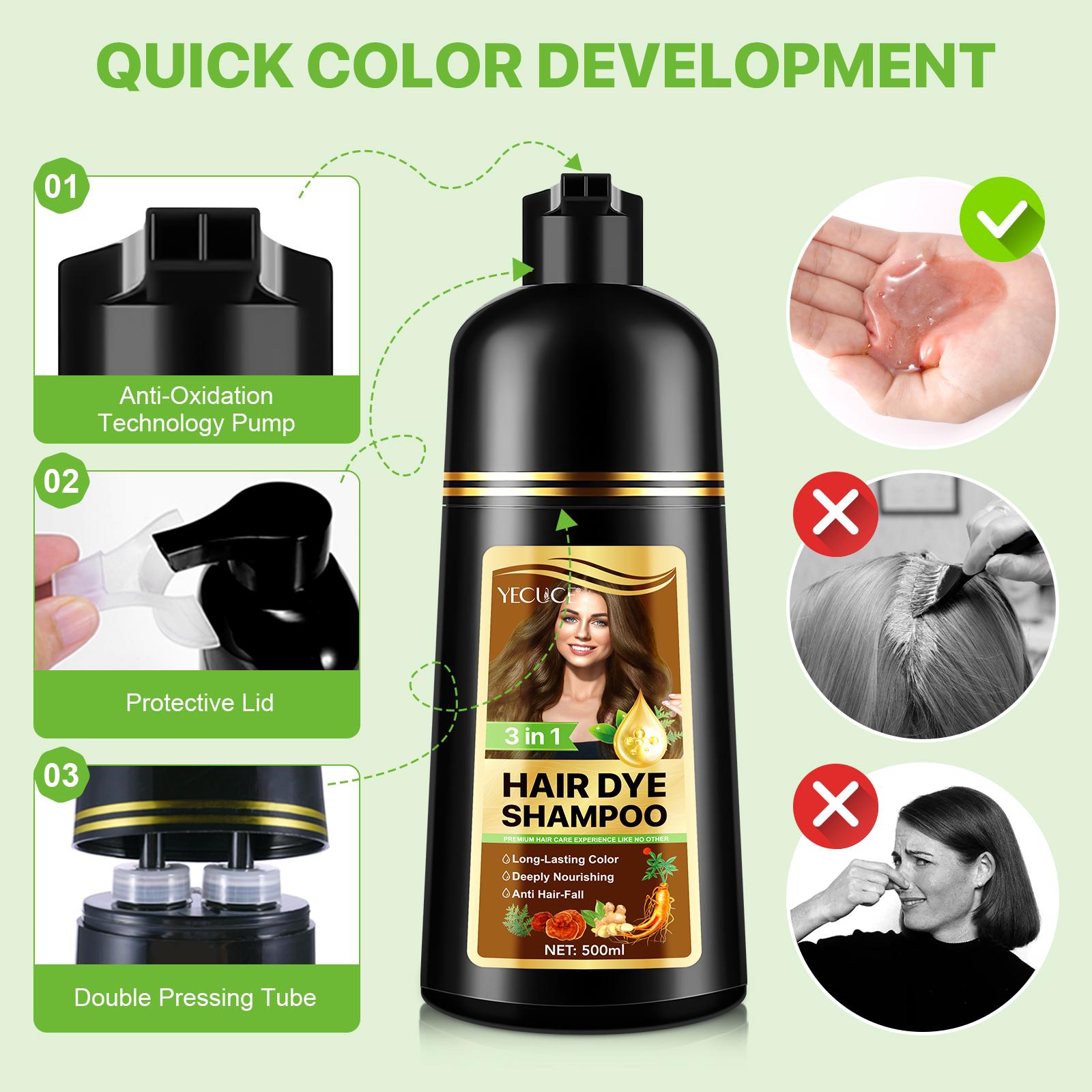 YECUCE 3in1 Hair Dye Shampoo - Dark Brown 500ml, natural herbal hair dye shampoo, quick coloring, suitable for both men and women.
