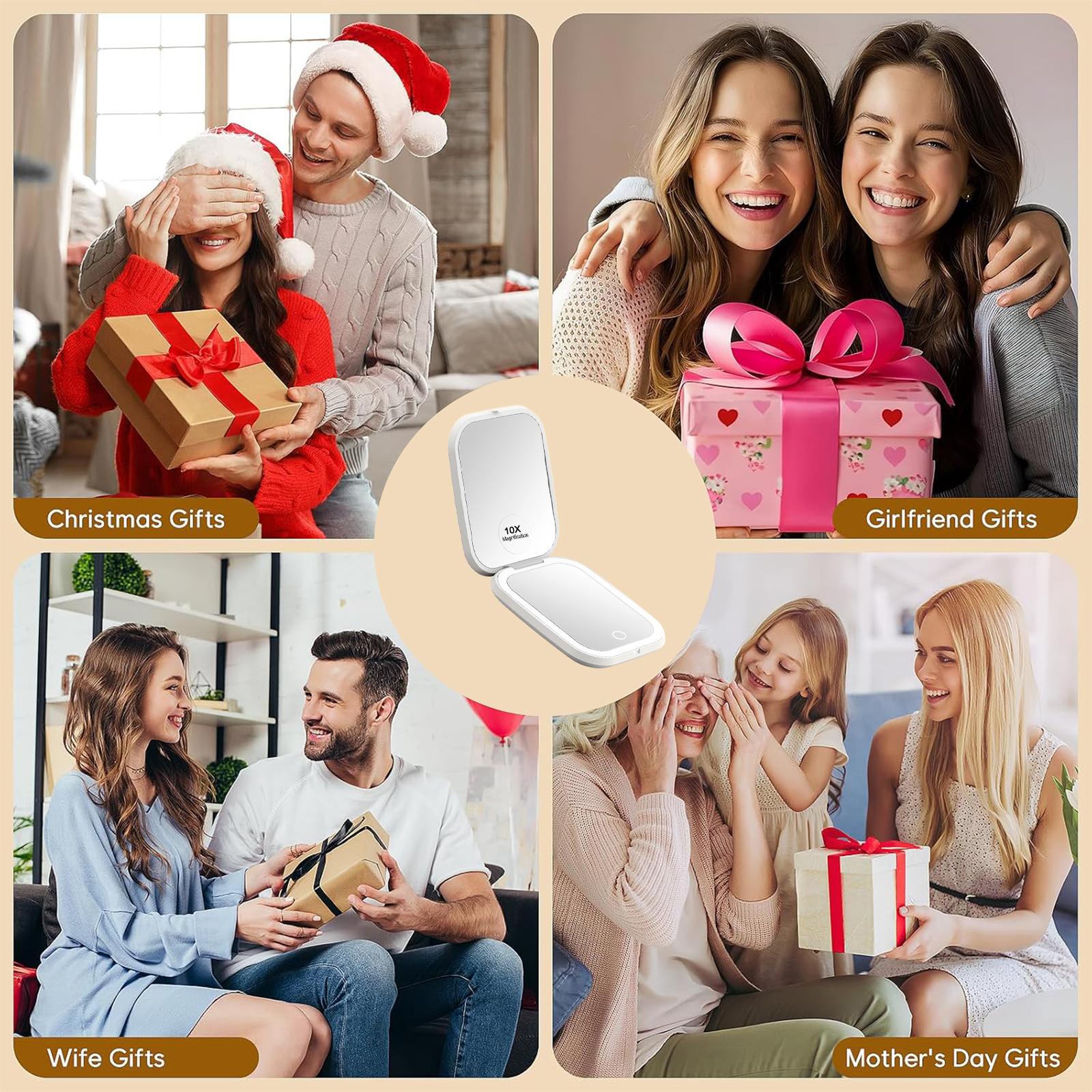 LED Compact Makeup Mirror with 10X/1X Magnification – 3-Color Light Travel Portable Mirror for Pocket & Purse – Rechargeable Dimmable Dual-Sided Vanity Mirror – Birthday & Christmas Gift for Women