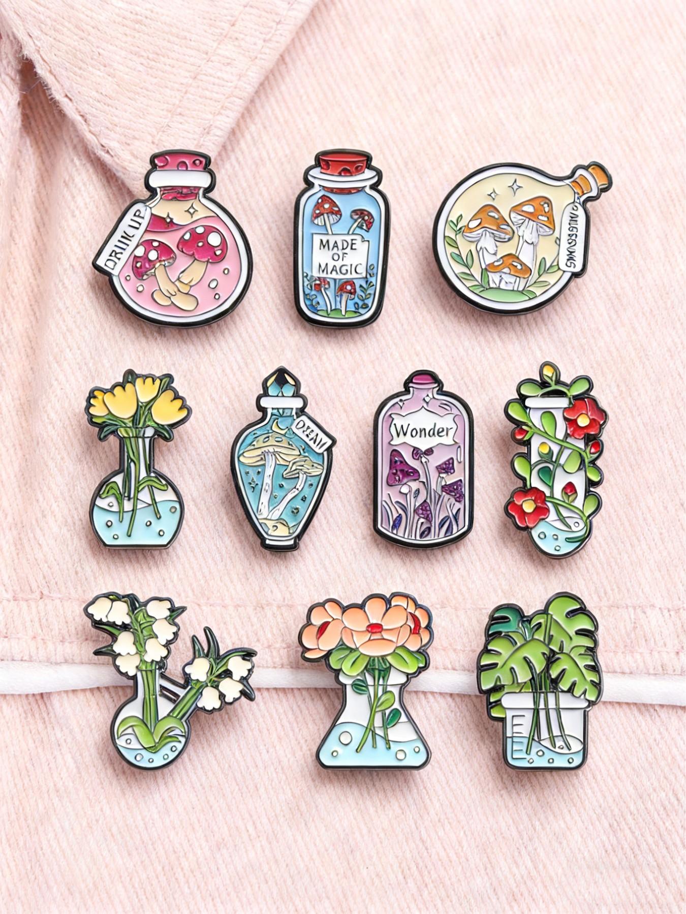 10Pcs Fantasy Magic Plant Bottle Brooch Set, Mushroom Flask & Floral Beaker Design, Fashion Clothing Accessory, Unisex Daily Wear Gift