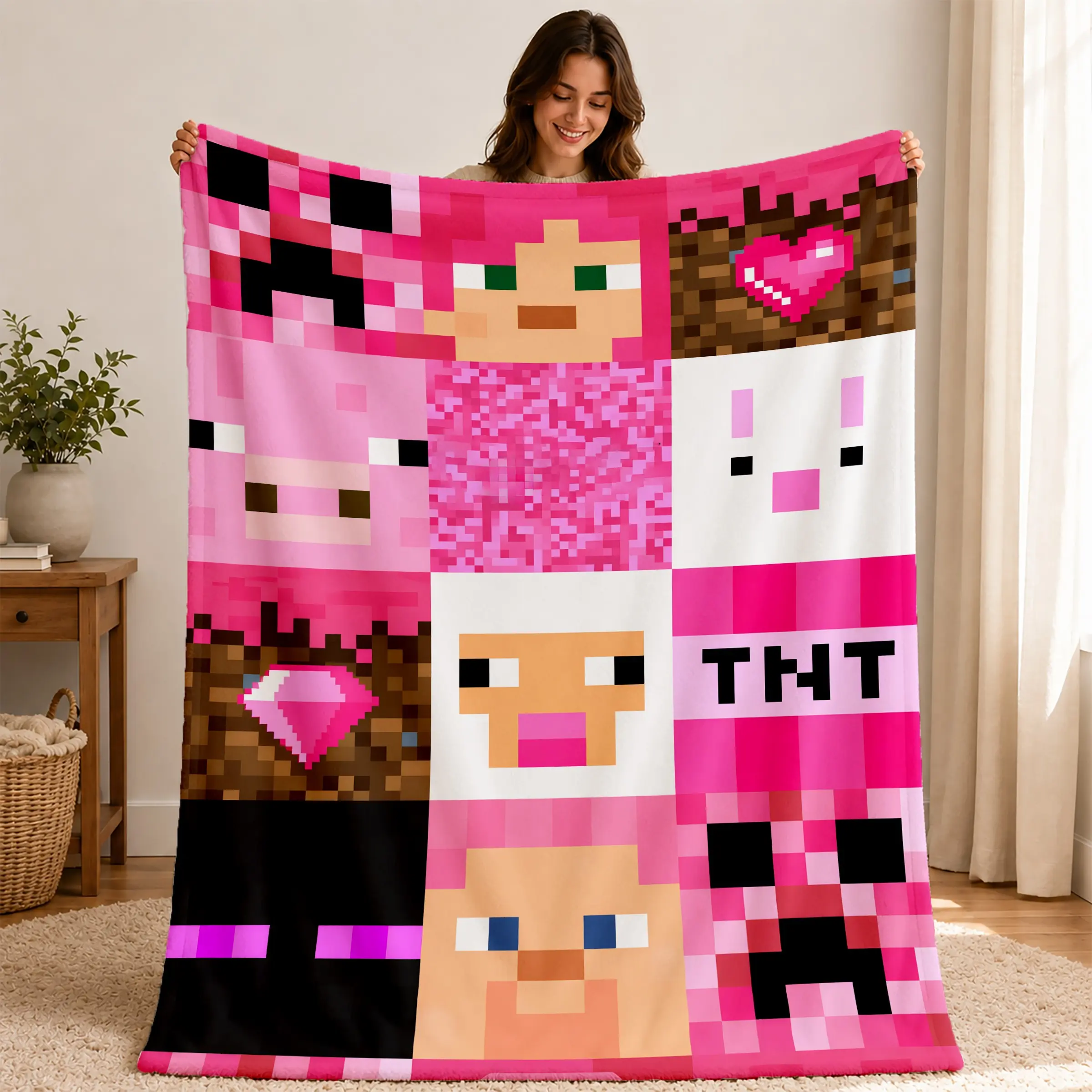 Minecraft Grid Collage Throw Blanket, Pixel Creeper Pig Rabbit Heart Diamond Tnt Block Pattern, Cute Game Themed Sofa Blanket Gift for Gamers