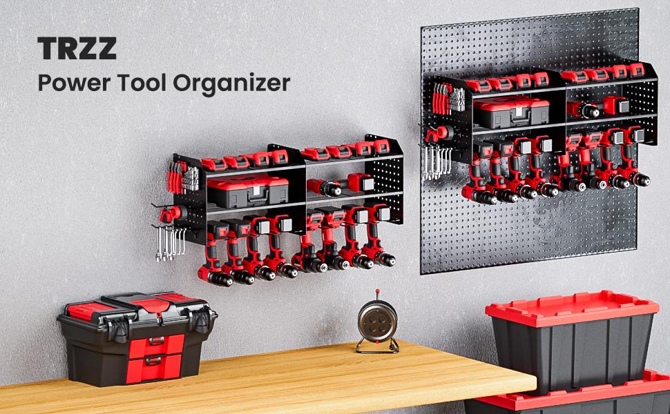 TRZZ Men's Room Accessories Portable Tool Storage Rack with 8-Port Power Strip 3-Layer Tool Gun Rack Saw Blades Drill Bits Cordless Drill Fixture Storage Box Tool Holder Gift Heavy Duty