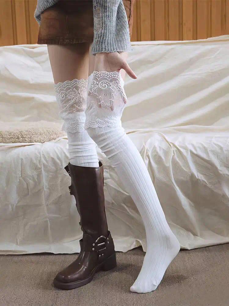Korean Sexy Lace Thigh High Stockings for Women, Lolita Over The Knee High Socks, Sheer Lace Top Boot Socks for Daily & Cosplay