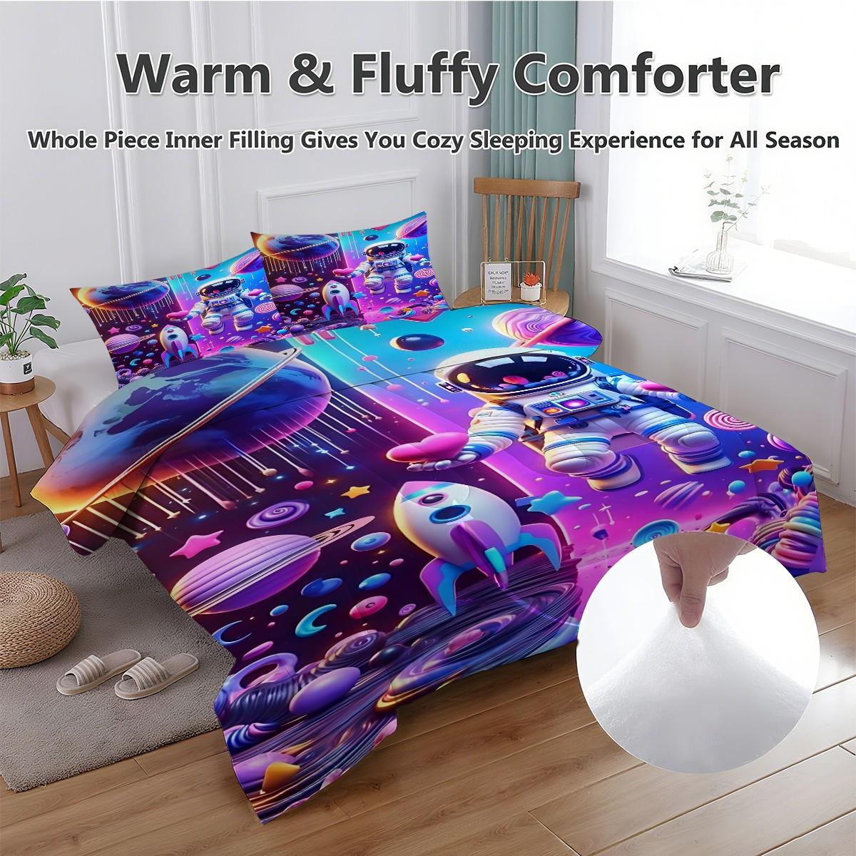 2/3-Piece Astronaut Patterned Comforter Set, Psychedelic Pop Style Bedding Set, Delicate Patterned Soft Quilted Bedspread, Perfect for Adding A Lively Atmosphere to Your Bedroom or Room, Including 1 or 2 Pillowcases, No Pillow Core