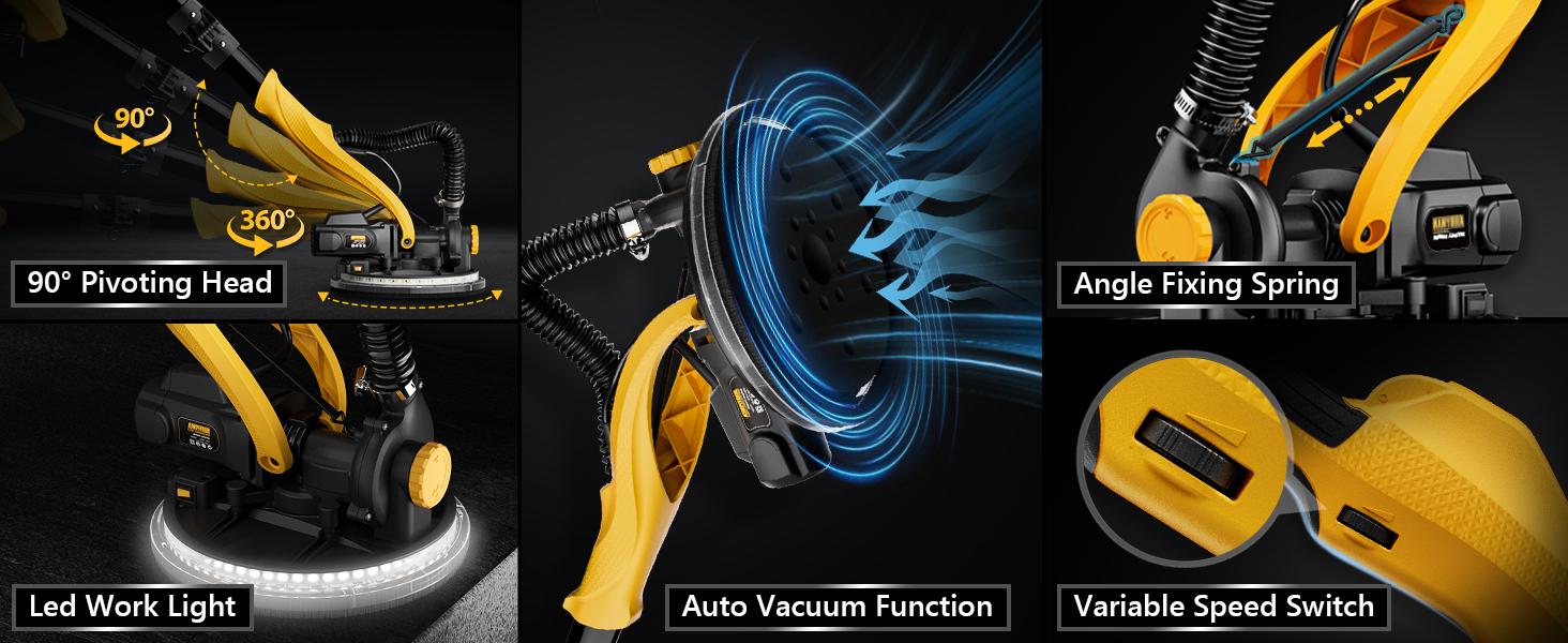 Alloyman Drywall Sander, 1050W Electric Drywall Sander with Vacuum Dust Collection, 2100RPM Wall Sander with 7 Variable Speed, Foldable & Extendable Handle, Double-Deck LED Light, Dust Bag and Hose, Holiday Deals: Christmas Gifts and New Year Gift Ideas