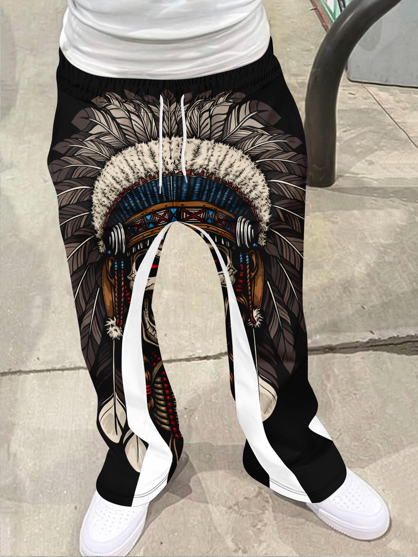 Men's Fashion Jogger Pants with Native American Skull Pattern, Fitted Casual Sportswear, All Seasons, Geometric Print, Sporty Comfy Breathable
