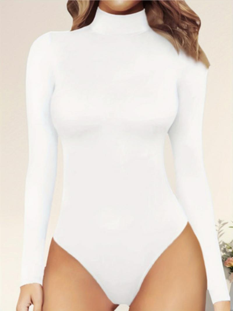 Women's Tummy Control Mock Neck Bodysuit, Long Sleeve Stretchy Slim Fit Jumpsuit, Elegant Body Shaper Top, Casual Lounge Leotard