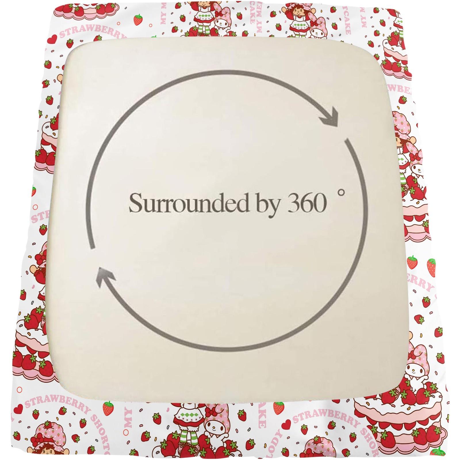 Strawberry Shortcake x My Melody Fitted Sheet Set, 1 Fitted Sheet + 2 Pillowcases - 3 Pcs Soft Bedding with Deep Pocket, 360° Full Coverage, Wrinkle Free, Cute Strawberry Cake Cartoon Bed Sheets for Girls, Full Size