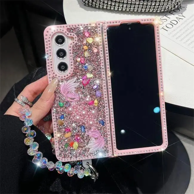 Luxury Glitter Rhinestone Goldfish Phone Case - Beaded Wristlet Strap Diamond Cover, Protective Shell For Samsung Galaxy Z Fold 7 Z Fold 6 Z Fold 5 Z Fold 4 Z Fold 3