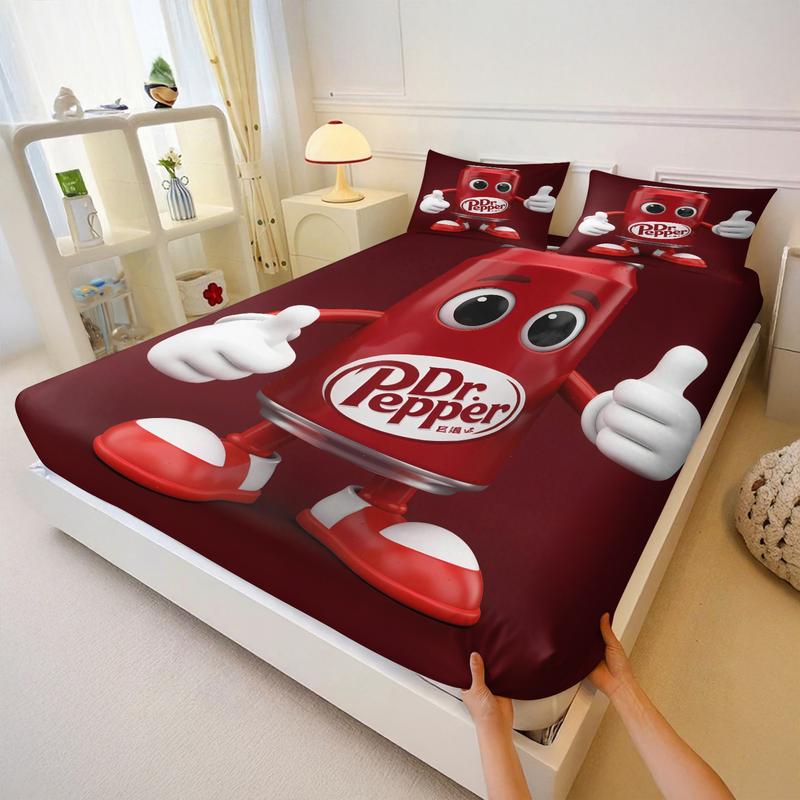 Dr Pepper Brand Full Print Fitted Sheet Set, 1 Fitted Sheet and 2 Pillowcases, Wine Red Color Base, Soft Skin-Friendly, Dustproof Anti-Wrinkle, Decorative Bedsheet Sets, Trendy Bedroom Decor for Boys and Girls