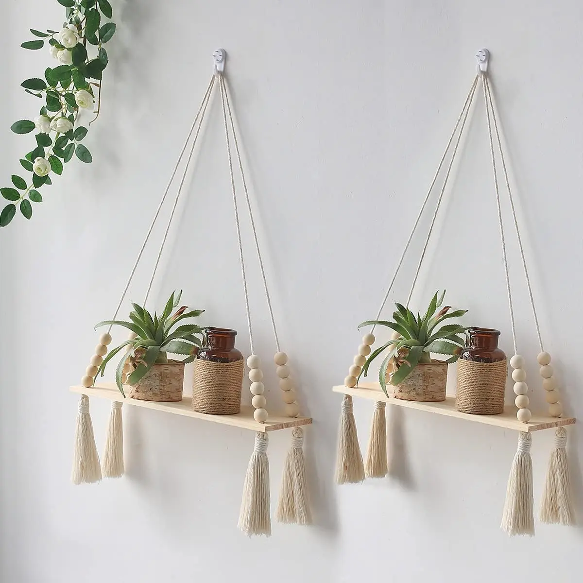 SICANDAENHK Macrame Hanging Shelves Set of 2 Boho Wood Floating Storage Shelf
