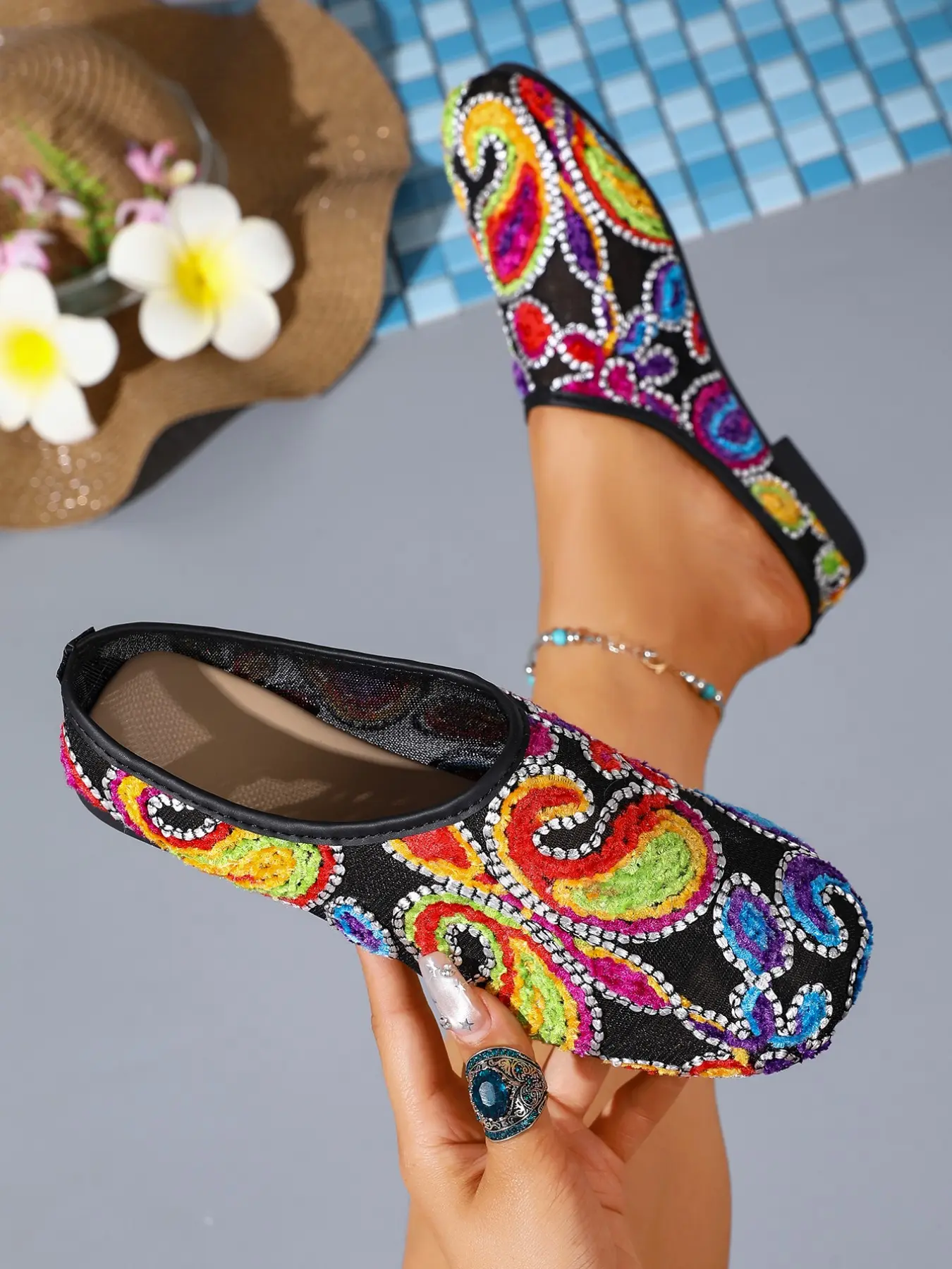 Large Size Ethnic Style Embroidered Mules, Mesh Hollow Out Breathable, Colorful Paisley Stitching, Vacation Daily Wear Slip-On Shoes for Women