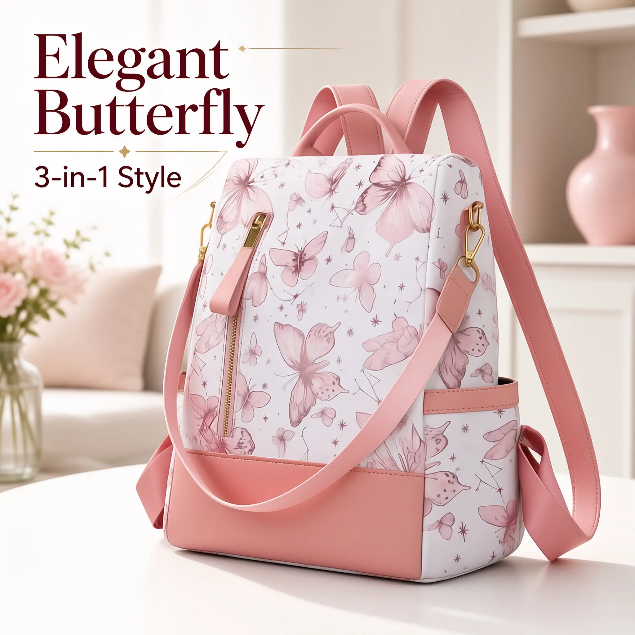 Women’s Elegant Butterfly Print Convertible Backpack Purse, Waterproof Anti-Theft Rucksack With Multiple Carry Options, Lightweight 3-In-1 Shoulder And Crossbody Bag, Versatile Fashion Daypack For Daily Commute, School, Shopping And Short Travel,SohoChic