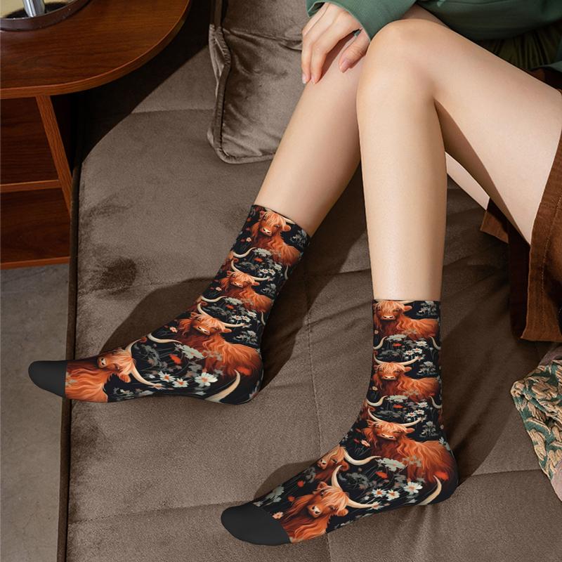 1pc Highland Cow Men'S Novelty Socks | Crew Sock with All Over Print, Elastane, Knit Fabric