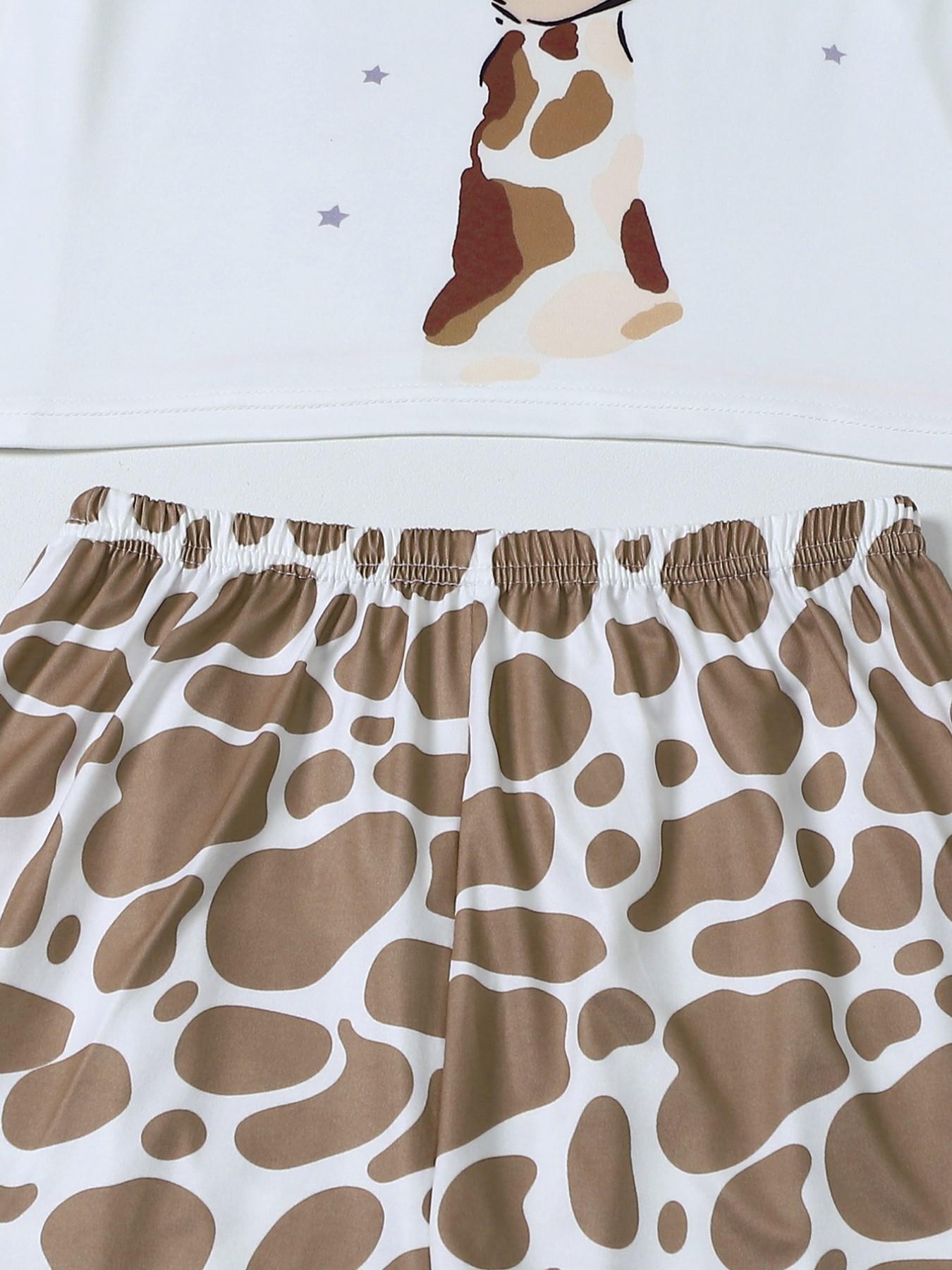 Women's 3-Piece Pajama Set, Round Neck Short Sleeve, Elastic Waist, Giraffe Print, Breathable Milk Silk Fabric, Casual Summer Sleepwear