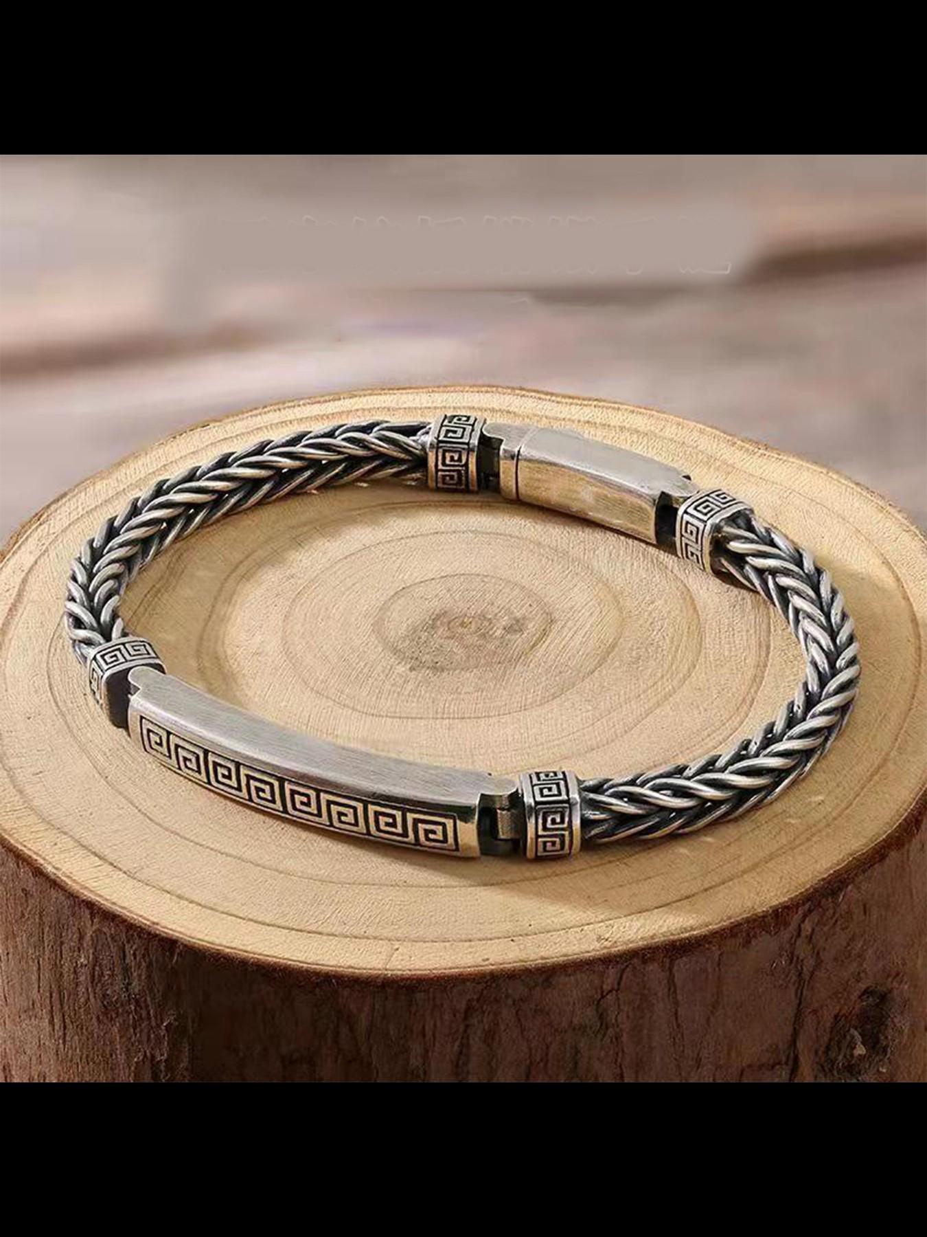 Men's Retro Wave Pattern Silver Color Buckle Bracelet, Trendy Creative Handmade Woven Jewelry, Fashionable Men's Accessory