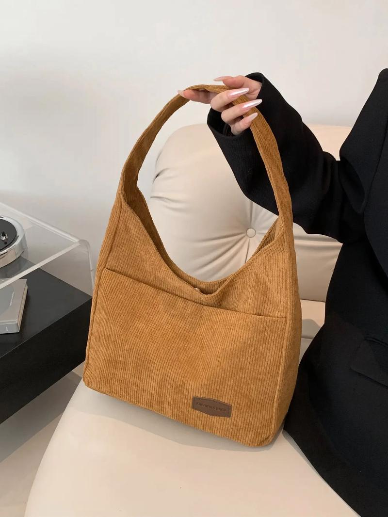 Trendy Solid Color Letter Patched Large Capacity Tote Bag, Minimalist Magnetic Closure Corduroy Shoulder Bag, Women's Dumpling Bag For Daily Used, Corduroy Hobo Bag