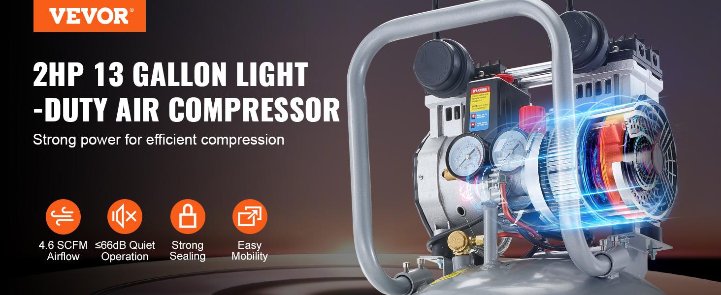 VEVOR 13 Gallon Air Compressor, 2HP 4.6 SCFM90PSI Oil Free Air Compressor Tank, 66dB Ultra-Quiet Compressor for Tire Inflation, Auto Repair, Woodwork Nailing, Spray Painting (125PSI Max Pressure) VEVOR 13 Gallon Air Compressor, 2HP 4.6 SCFM90PSI Oil Free Air Compressor Tank, 66dB Ultra-Quiet Compressor for Tire Inflation, Auto Repair, Woodwork Nailing, Spray Painting (125PSI Max Pressure)