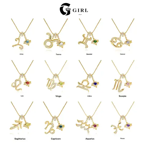GGIRL 18K Gold Plated Cubic Zirconia Colorful Dopamine Four Pointed Star Twelve Constellation Pendant Necklace for Men Women, Unique Design Meaningful Fashion Jewelry Gifts for Daily Summer Beach Parties Holiday Birthdays Anniversaries Occasions