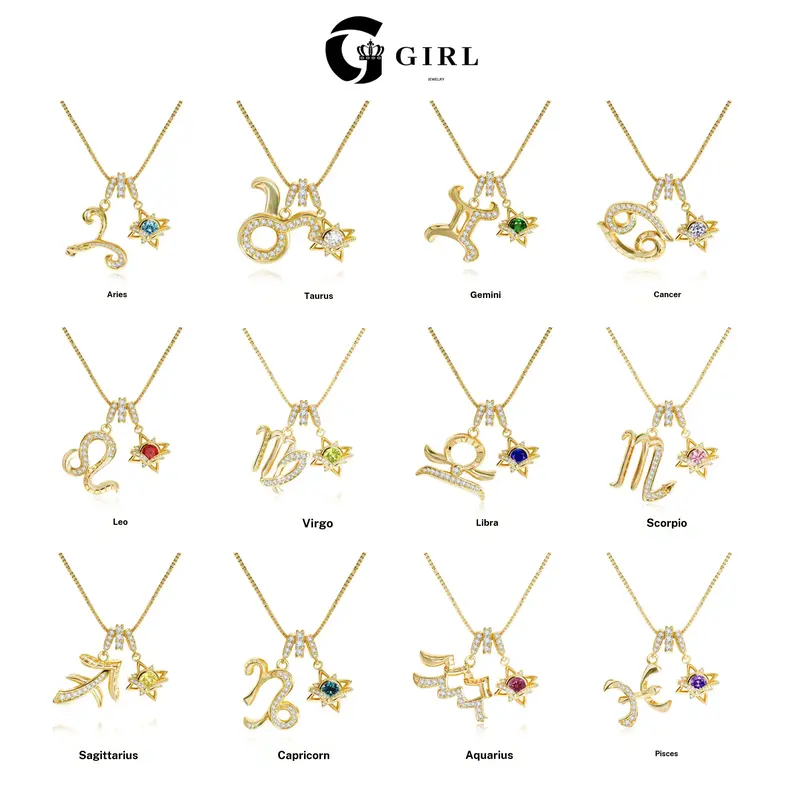 GGIRL 18K Gold Plated Cubic Zirconia Colorful Dopamine Four Pointed Star Twelve Constellation Pendant Necklace for Men Women, Unique Design Meaningful Fashion Jewelry Gifts for Daily Summer Beach Parties Holiday Birthdays Anniversaries Occasions