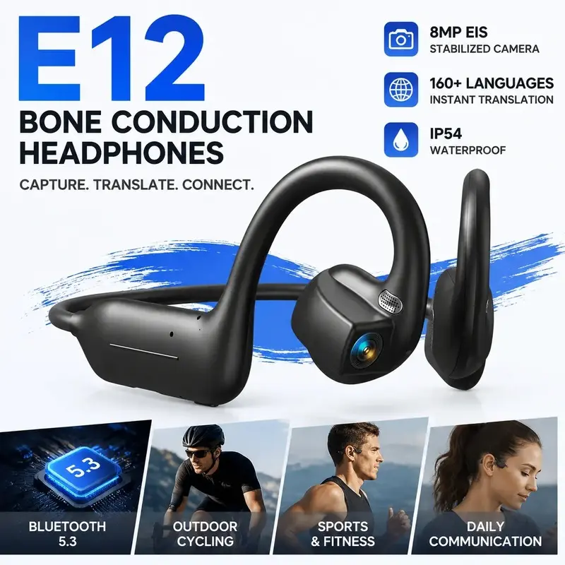 AI camera head-mounted device with bone conduction wireless Bluetooth headset, HD photo and video recording, supports AI voice assistant and AI recognition Q&A, suitable for wearing during outdoor sports.