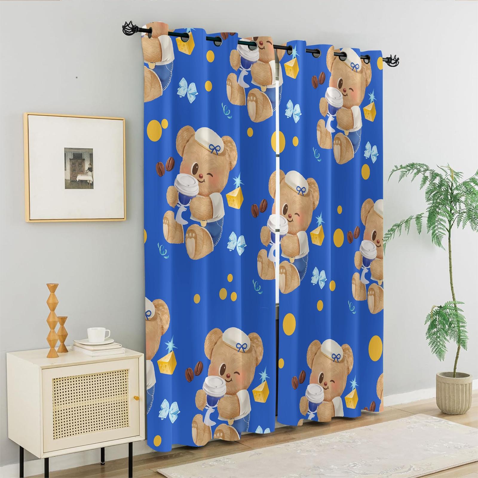 2 Pcs Cute Cartoon Bear 80% Blackout Curtains, Kawaii Teddy Bear Polyester Curtains for Kids Room & Nursery, Ideal Gift for Bear-Loving Kids