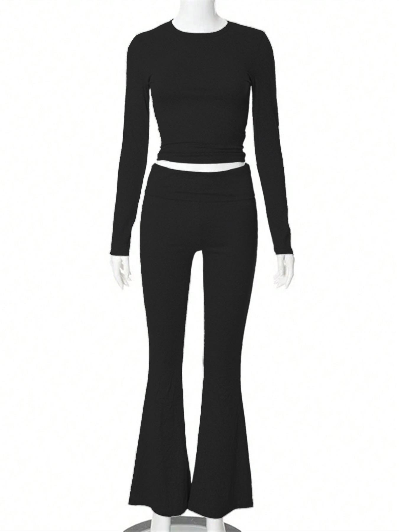 Women's 2 Piece Casual Pajama Set, Slim Fit Long Sleeve Top & Low Rise Bell Bottoms, Versatile Yoga Loungewear for All Seasons,Airport Outfit