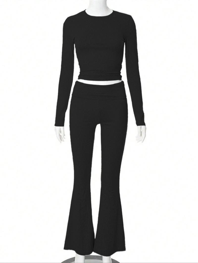 Women's 2 Piece Casual Pajama Set, Slim Fit Long Sleeve Top & Low Rise Bell Bottoms, Versatile Yoga Loungewear for All Seasons,Airport Outfit