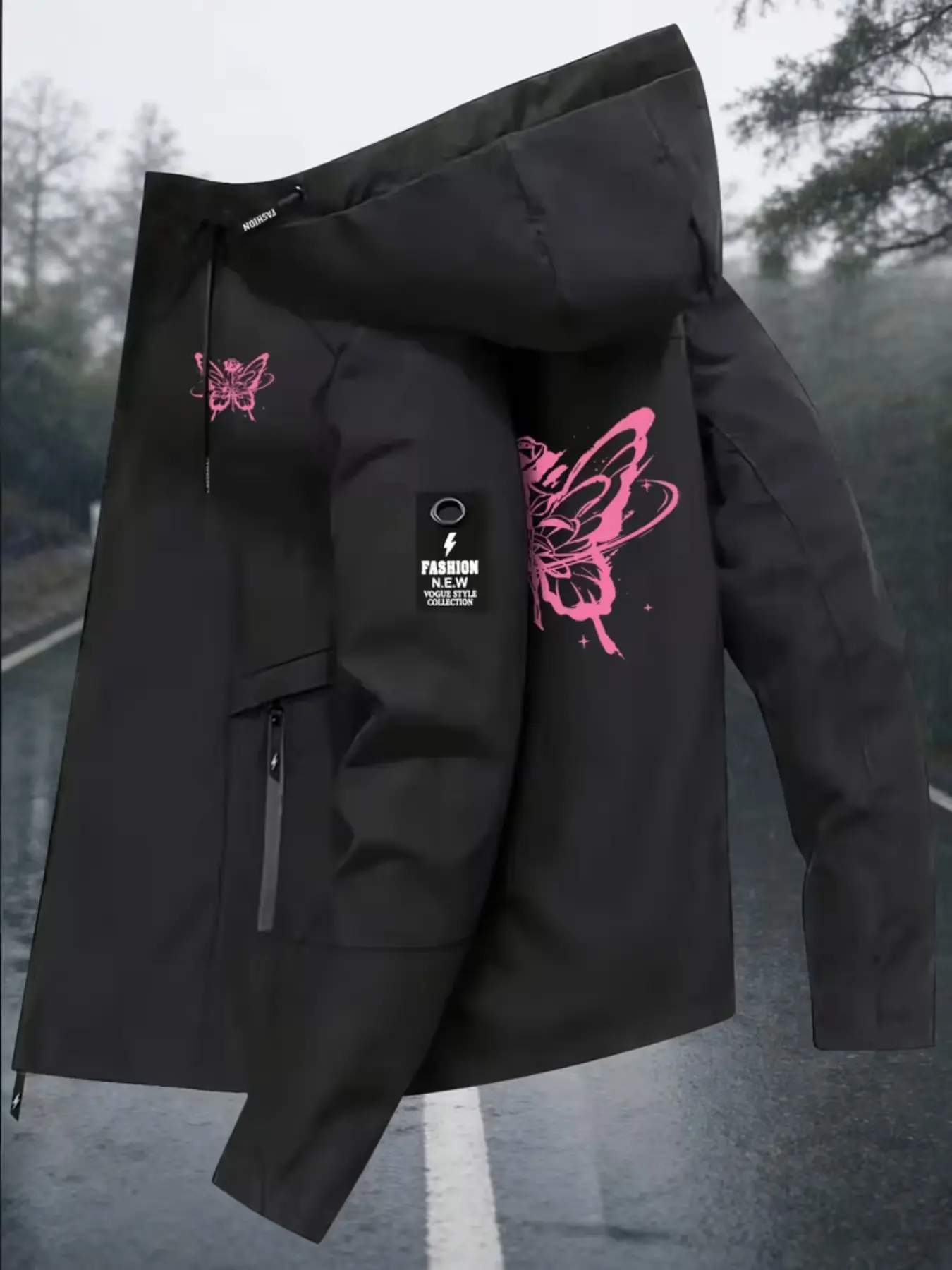 Women's Sport Jacket, Butterfly Outline + Rose Element Letter Print, Long Sleeve Zip Pocket Hooded Parka, Lightweight Warm Outdoor Coat
