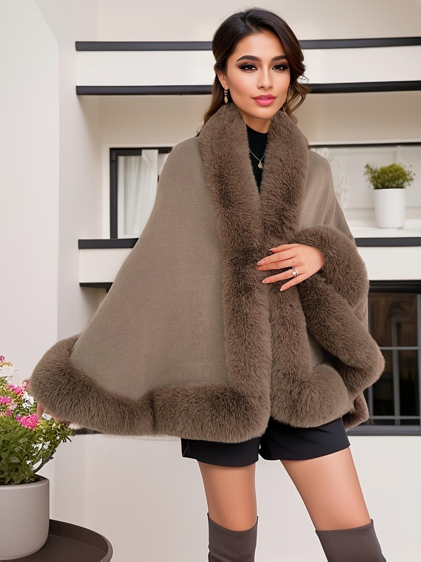 Women's Faux Fur Trim Shawl Cape, Comfortable Acrylic Knit Winter Outerwear, Perfect for Parties Weddings Evening Dresses, Elegant Gift