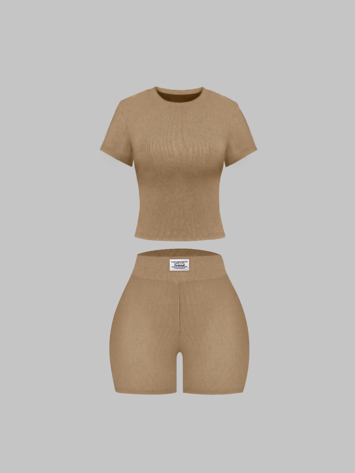 Women's Basic Solid Short Sleeve Tee & Letter Patched Skinny Shorts Set, Casual Two-piece Set for Daily Wear, Ladies Clothes for All Seasons