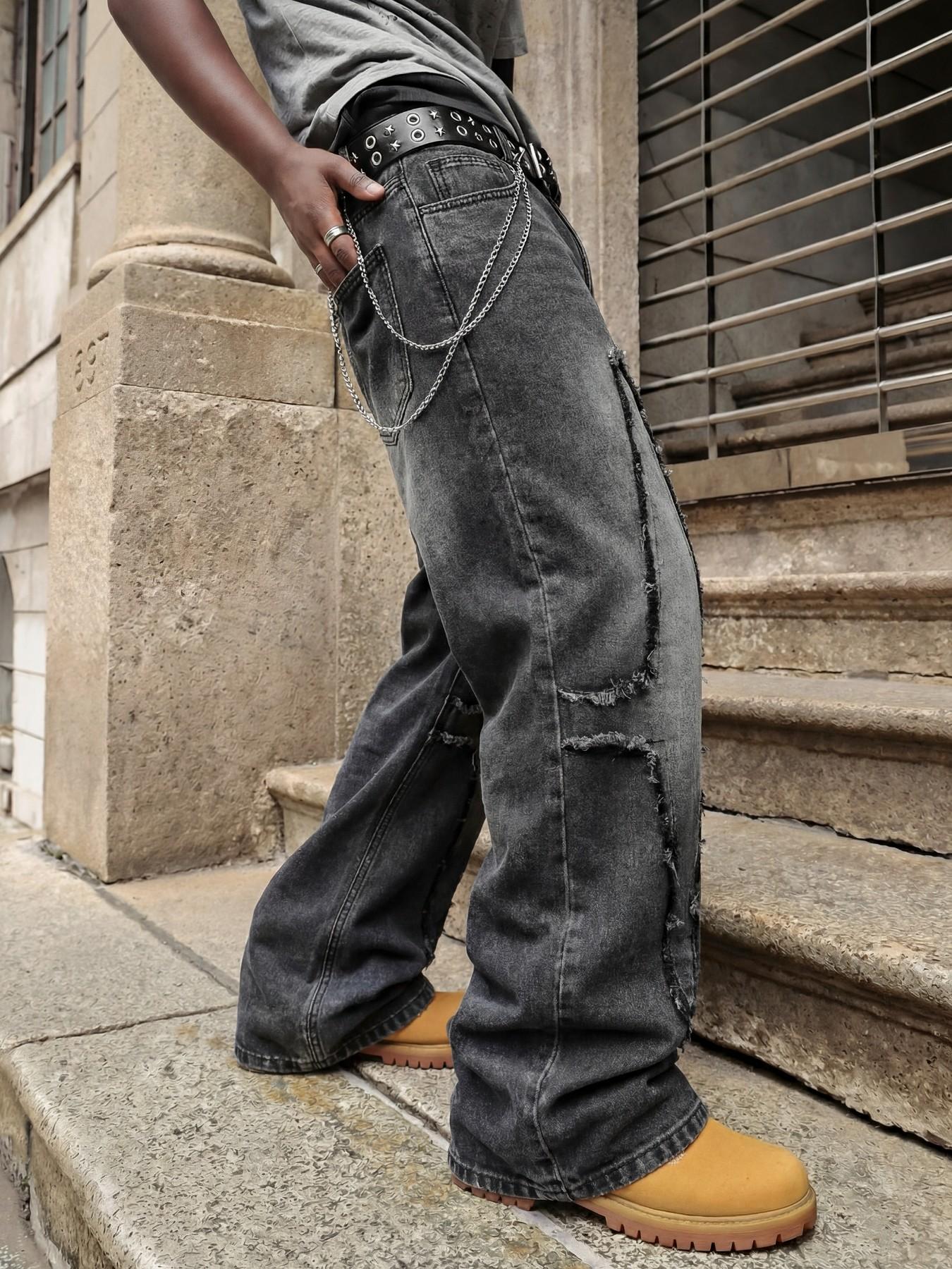 Black and gray loose straight-leg wide-leg jeans, decorated with cross-shaped frayed patches, paired with an overall faded and vintage finish, trendy street-style washed and vintage Y2K denim pants