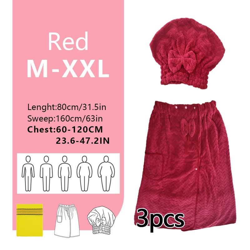 3-Piece Bathrobe Set, 1 bath wrap +1 hair towel+1 Exfoliating Gloves, Adjustable Fit M-Xxxxl, Thickened Design, Ideal for Home, Travel, Sauna, Spa