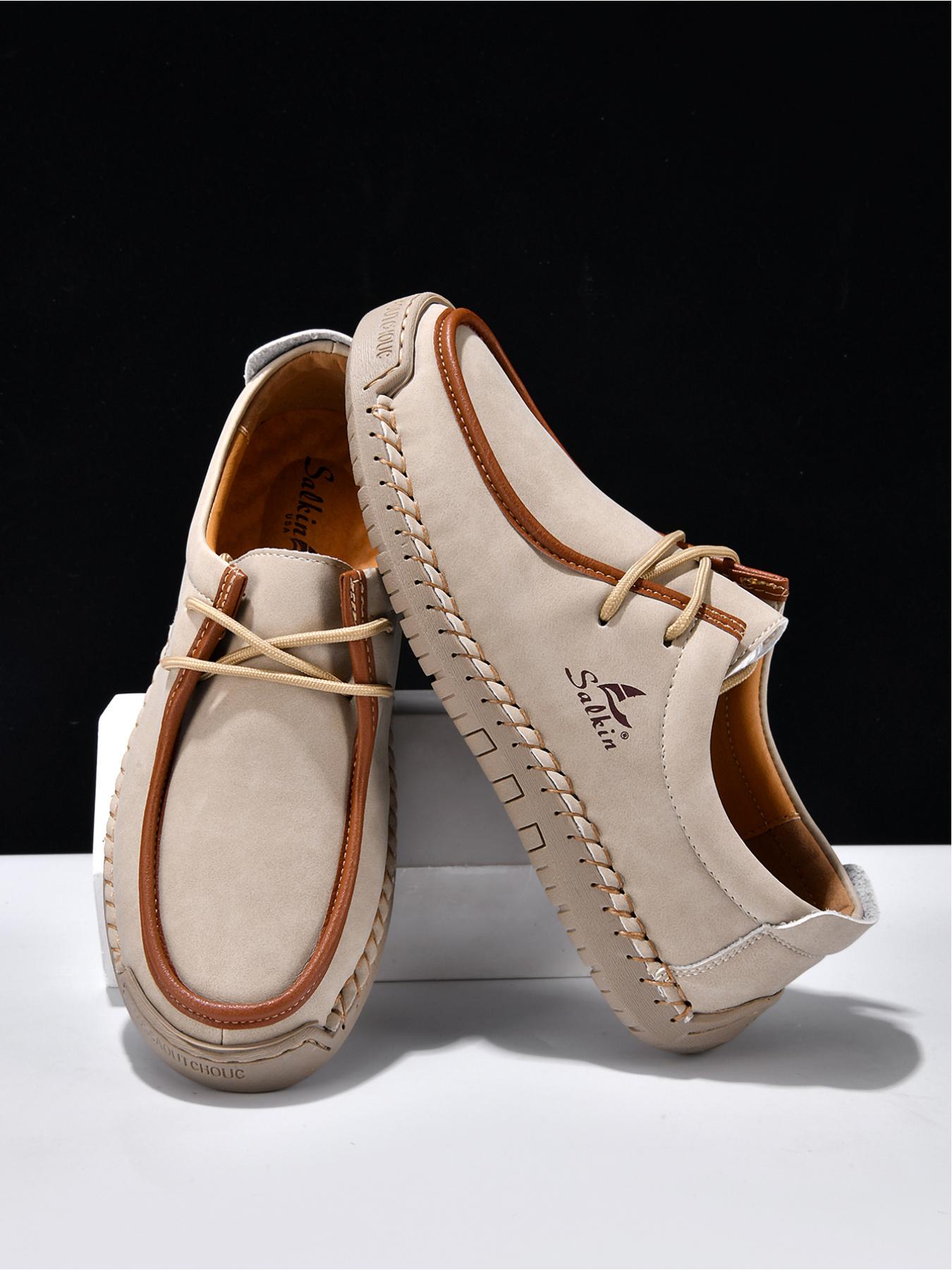 Men's Black Hand-Stitched Casual Shoes, Soft Sole Non-Slip Slip-On Driving Shoes, Dad Shoes