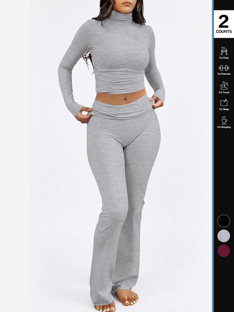 Women's Two-Piece Set Long-Sleeved Top & Elastic-Waisted Pants, Casual Breathable for Autumn Winter Everyday Wear