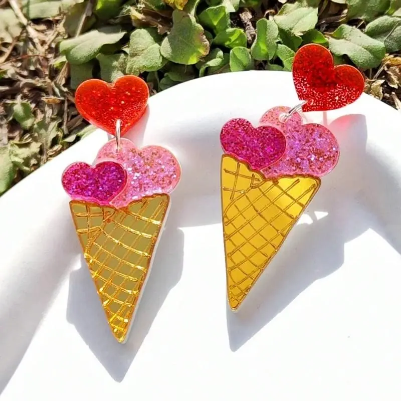 KUGUYS Cute Ice Cream Cone Acrylic Earrings for Women Gift for Her Glitter Mirror Jewelry Summer Accessories