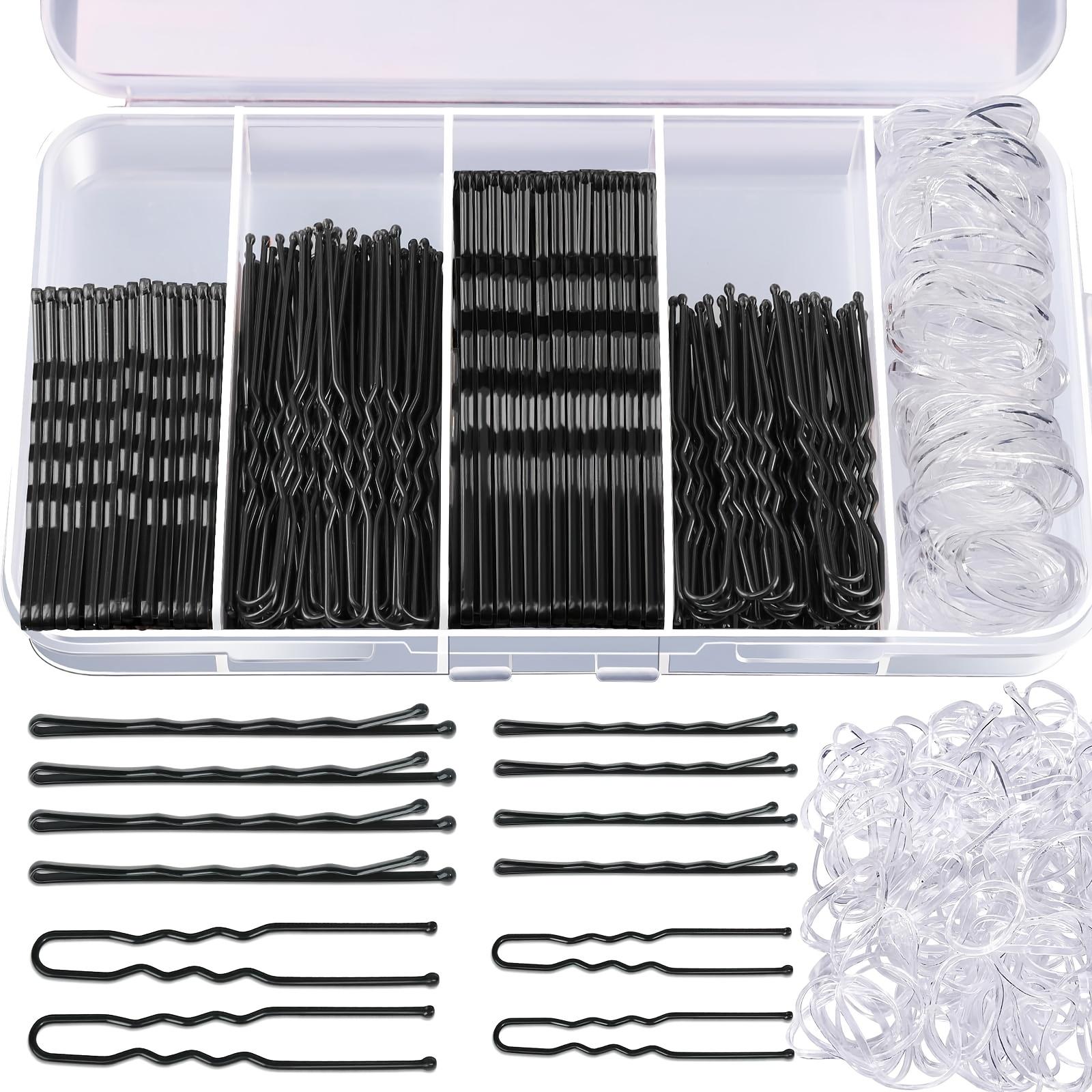 300 Piece Hair Clip Set with Box, Includes 100 Women's Clips, 100 Transparent Bands, 100 Metal U-Shaped Pins, Ideal for Braids and Thick Hair