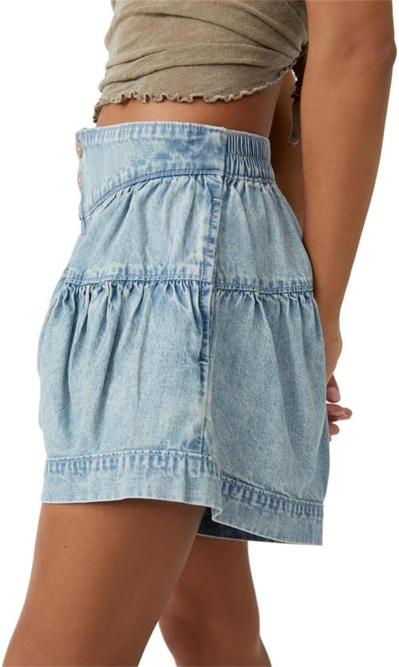 utcoco 2026  Womenswear summer high waist denim shorts casual elastic waist wide leg button shorts pleated ruffle denim shorts Bottom jean shorts SpringStatements