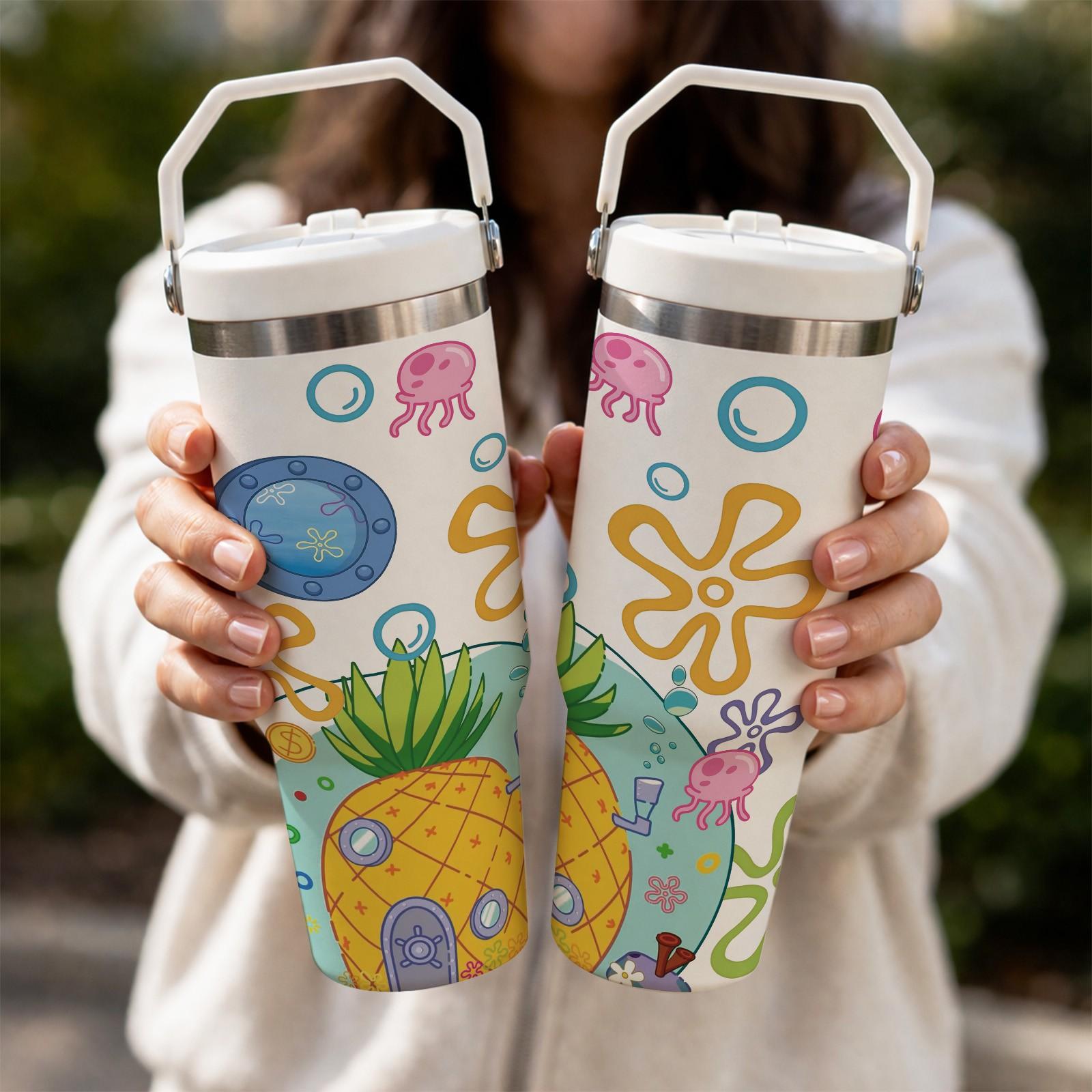 1 Pc Vacuum Mug 30oz Skinny Tumbler With Handle And Lid, Double Wall Insulated Cup, Leak Proof Thermal Mug, Keeps Hot 12 Hours Cold 24 Hours, Cartoon Ocean Style Travel Mug For Coffee Tea, Gift For Women Men Cute Daily Use Holiday