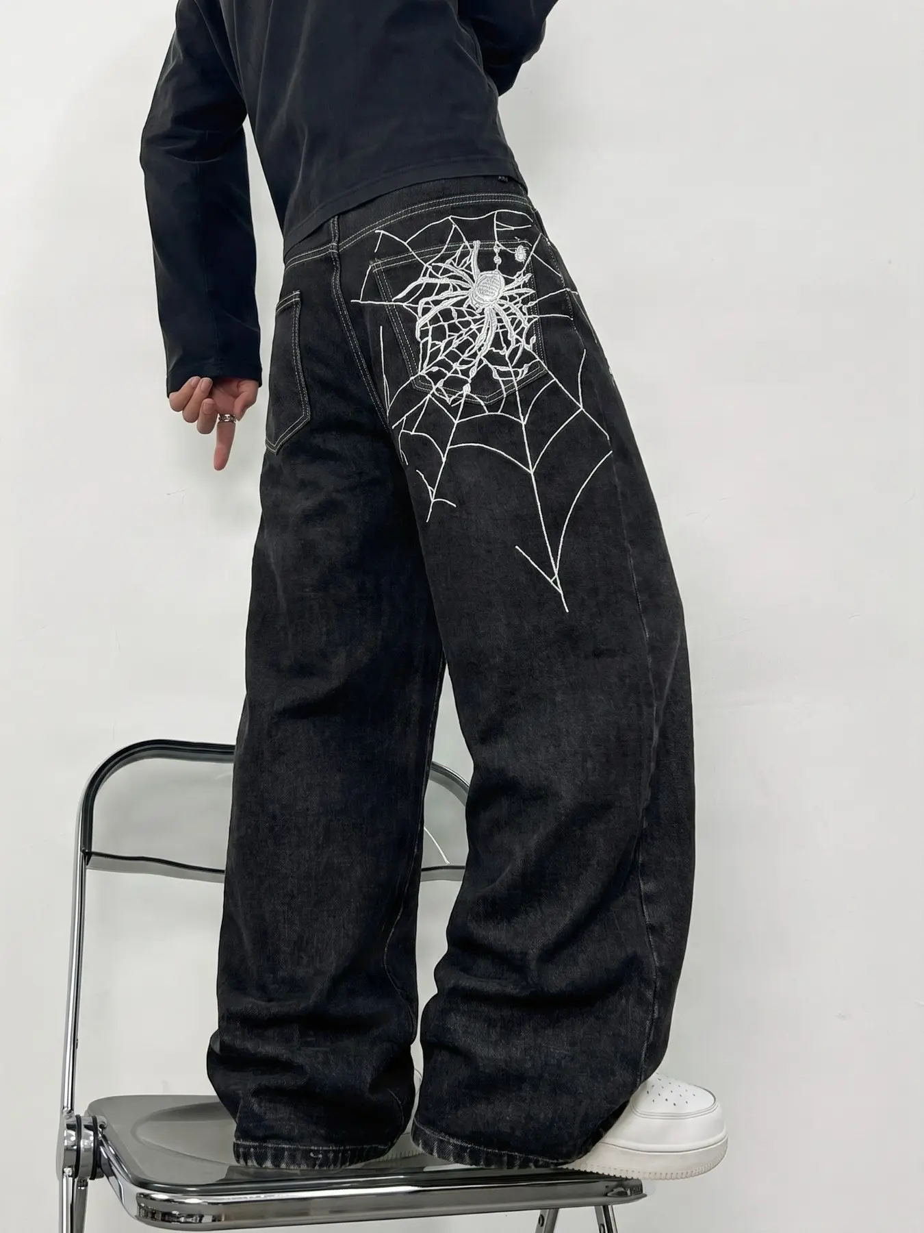 New Spider Web Embroidery Design, Cool Washed Loose Fit Wide Leg Straight Jeans, Personality Streetwear, All Seasons
