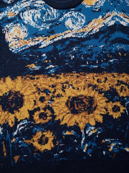 Men's Autumn Winter Casual Loose Fit Van Gogh Sunflower Starry Night Pattern Vintage Knit Long Sleeve Round Neck Pullover Sweater