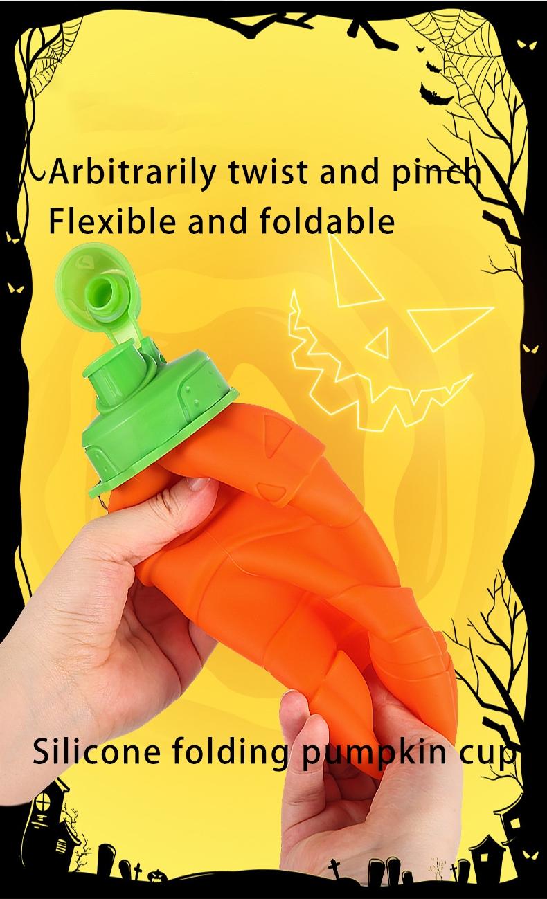 Outdoor sports water bottle, silicone folding cup, Halloween-inspired pumpkin design, telescopic and portable silicone water cup, collapsible water bottle, travel water bottle, sports portable sports water bottle, reusable water bottle, equipped with clim
