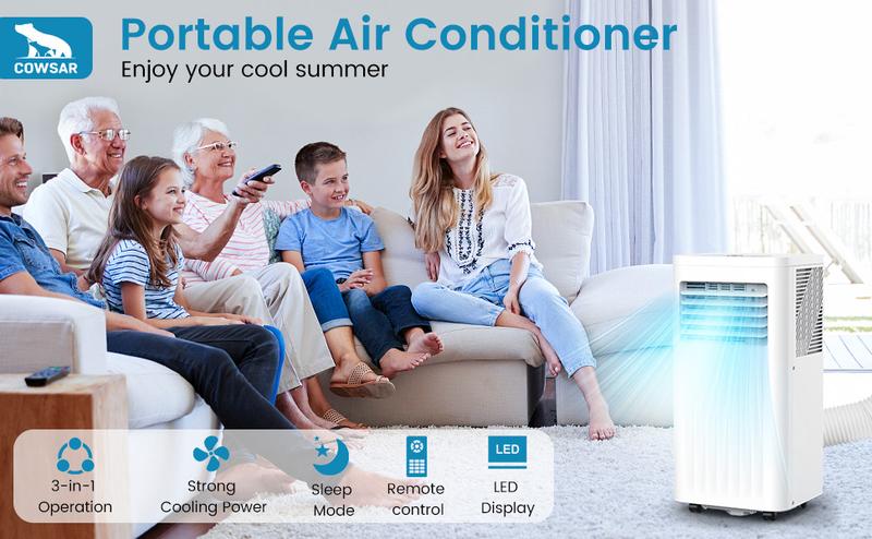 COWSAR 8000-13000 BTU Portable Air Conditioners Cool Room Up to 350-450 Sq.Ft, 3-in-1 Portable AC with Remote/LED Display/24Hrs Timer/Installation Kits for Home/Dorms, White