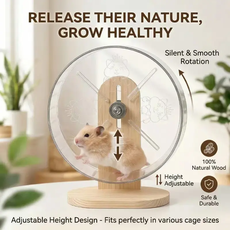 Adjustable Quiet Hamster Running Wheel, Natural Wood Transparent Exercise Wheel, Low Noise Pet Toy for Golden Hamsters and Small Animals