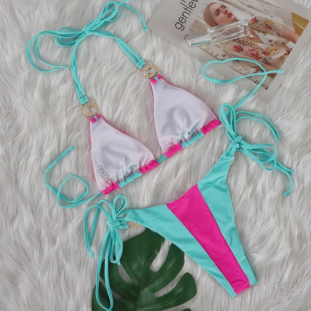 Women's Pink Mint Color Block Halter Bikini Two Piece Swimsuit, Triangle Top With Emerald Rhinestone Metal Hardware, Side Tie String Bikini Bottom, Contrast Color Tropical Beach Bathing Suit for Summer Vacation Pool