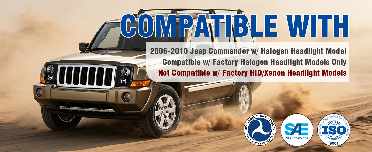 Headlights Assembly for 2006 2007 2008 2009 2010 Jeep Commander, Factory OE Replacement Halogen Headlamps with Bulbs, Chrome Housing Amber Reflector, Driver and Passenger Side