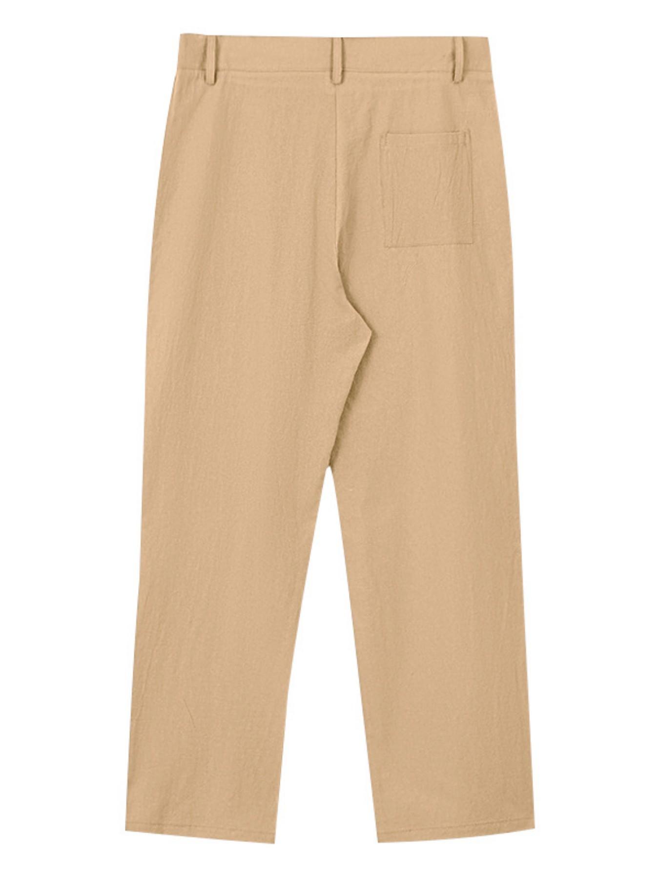 Men's Pleated Linen Breathable Straight Leg Casual Comfy Trouser, Single Button Front, Loose Fit, Relaxed Fit, Beach Vacation, Business, Solid Color, Multicolor