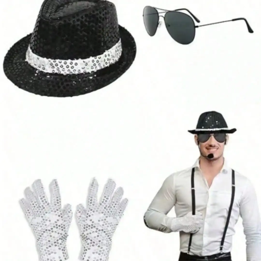 Michael Jackson Costume Accessories Set - Sequin Fedora Hat + Rhinestone Gloves + Aviator Sunglasses, Halloween Cosplay Party Dr