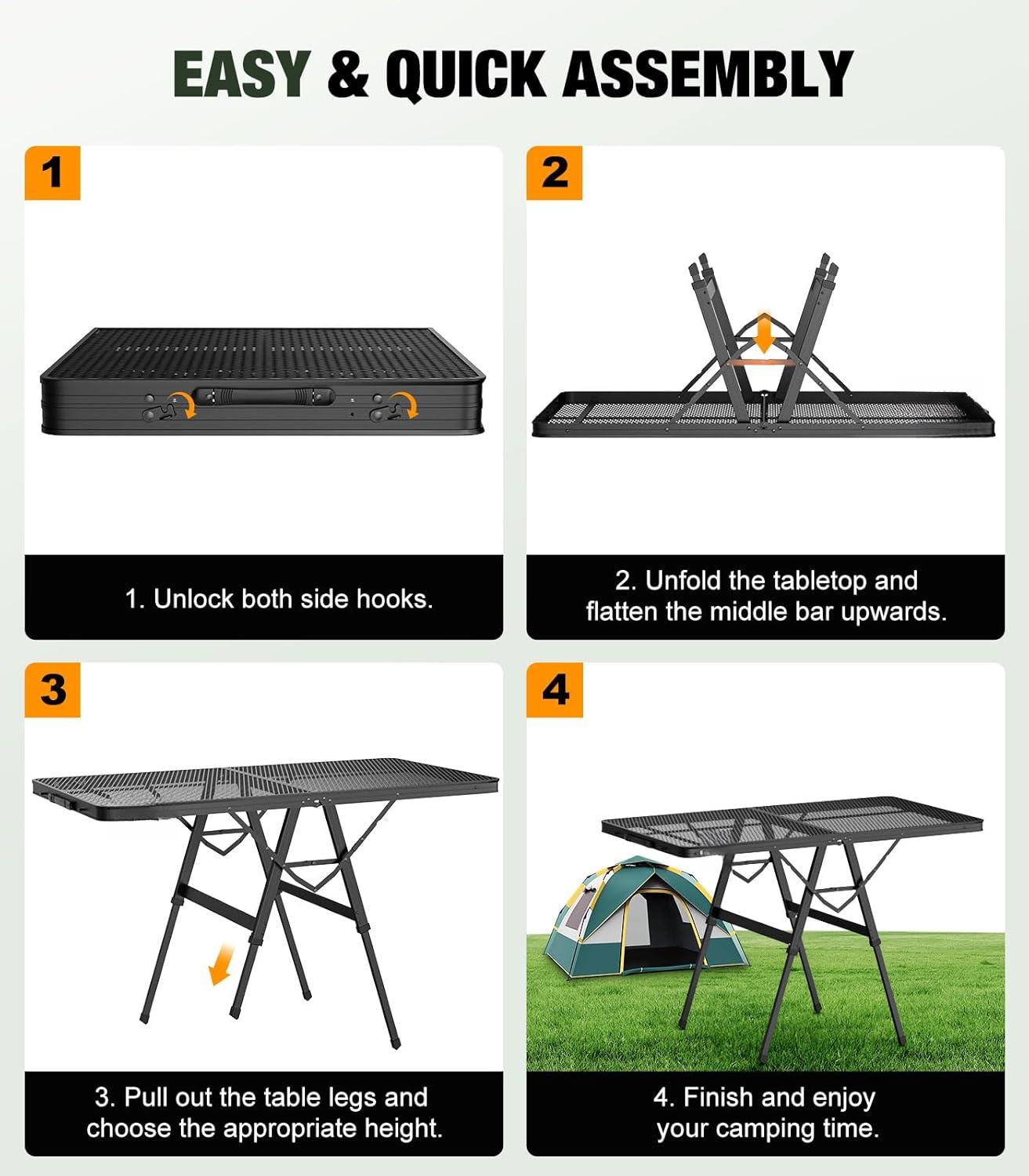 Foldable Grill Table with Mesh Desktop, 200lbs 4Ft Portable Folding Table, Height Adjustable Metal Table for Ourdoor, Camping, Picnic, BBQ and Beach, RV, 47.24" L x 23.62" W
