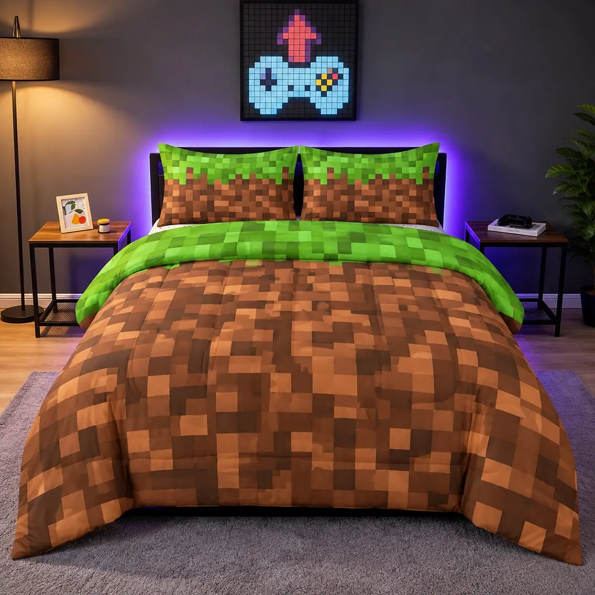 3-Piece Pixel Block Game-Themed Bedding Set (Quilt & Pillow Shams) – Soft, Comfortable, and Breathable; Features 200g Quilted Filling; Includes 1 Quilt and 2 Pillow Shams (Inserts Not Included) – Perfect for Everyday Decor in Homes or Dorms.